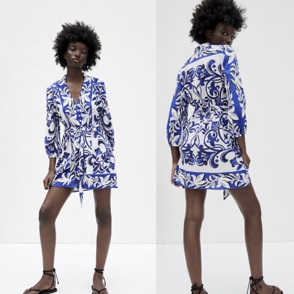 Zara Printed Blue Shirt Linen Dress - Picture 3 of 9